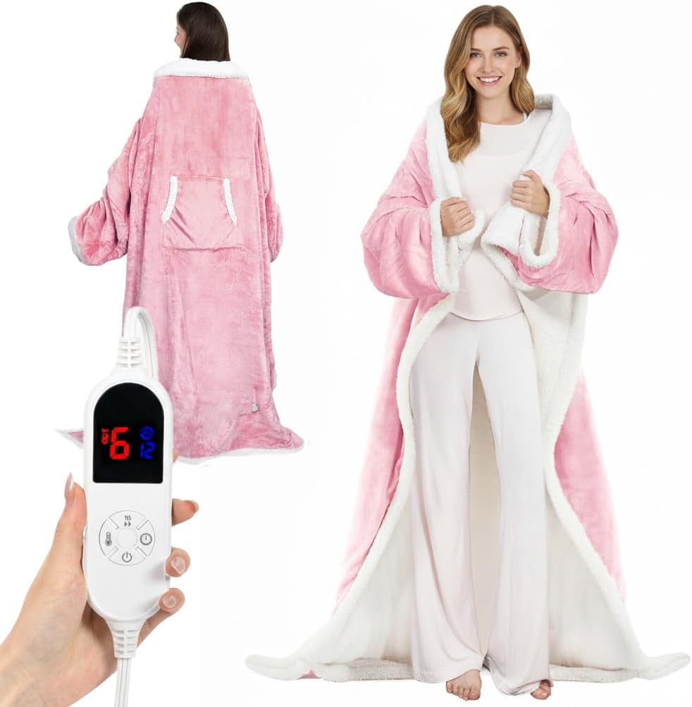 Pink wearable blanket with hood, white trim and front pocket