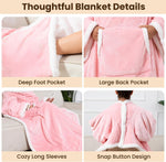 Wearable Heated Blanket with Foot Pocket, 52"X72" Electric Blanket with Sleeves for 12 Hours Timer6 Heat Settings, Flannel & Sherpa, Pink
