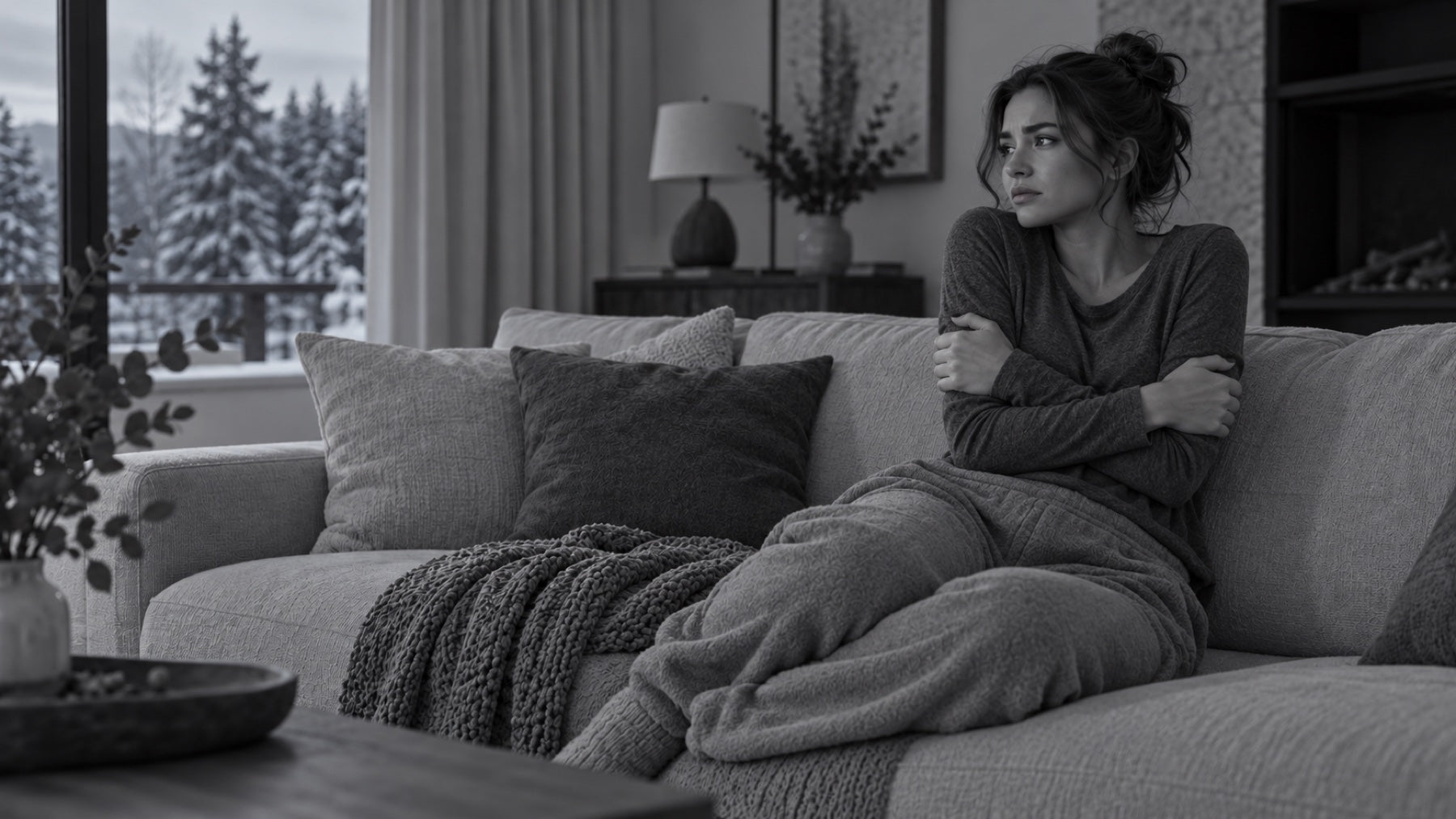 Before: the same woman looking chilly and unhappy in a black-and-white room